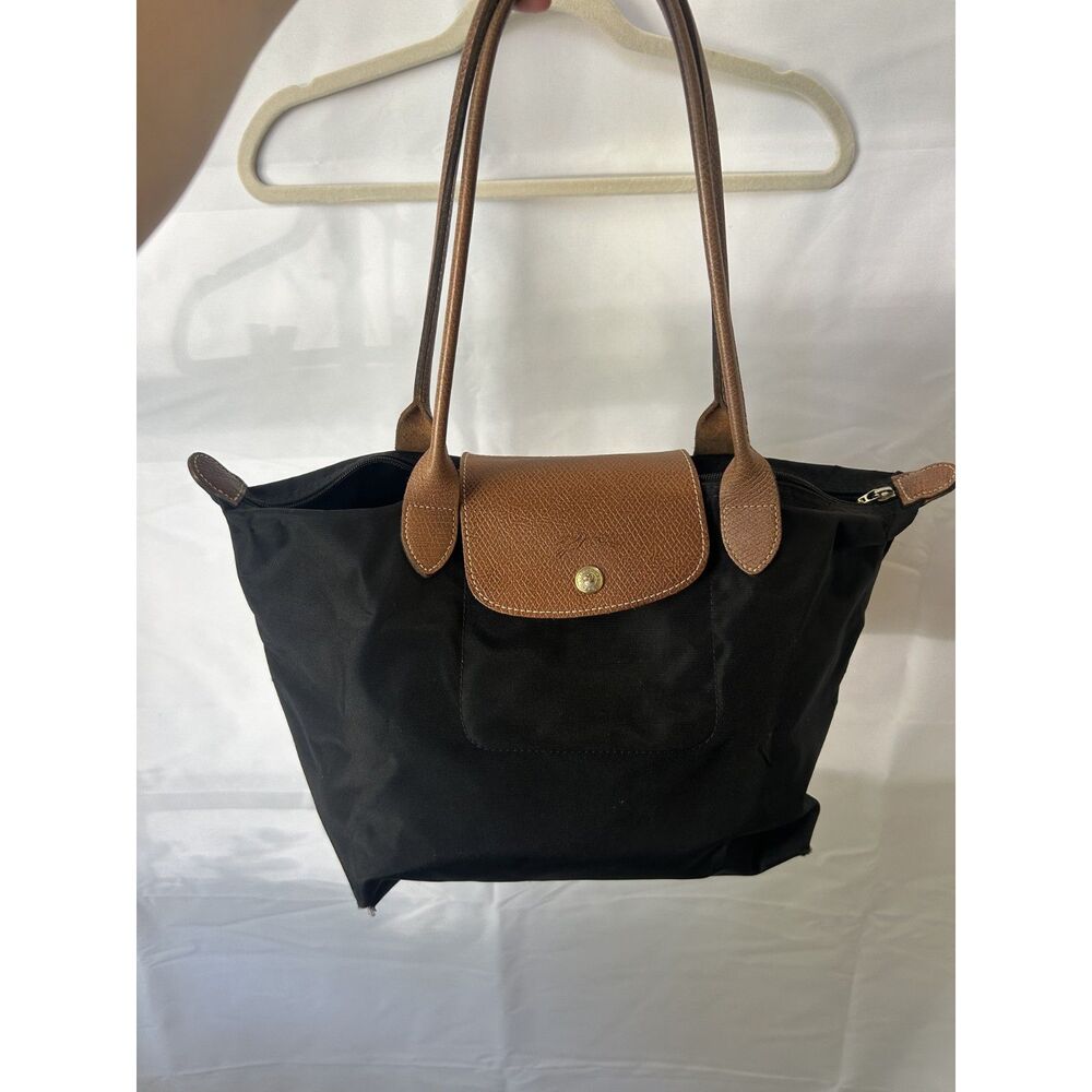 Longchamp Le Pilage Medium Shoulder Tote Black Nylon Leather Shoulder Bag